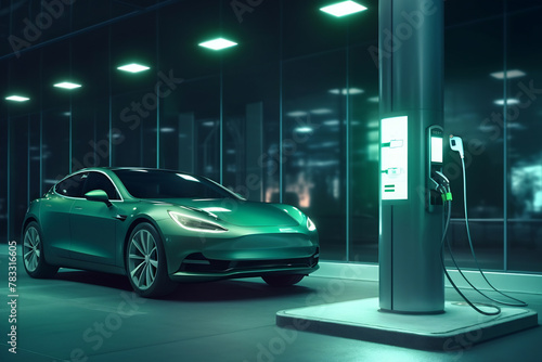 An electric vehicle or EV car at a charging station with the power cable supply plugged. Eco-friendly sustainable energy concept © Canvas Alchemy