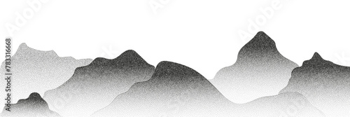 Grayscale vector halftone dots background with a fading dot effect, resembling a abstract mountain landscape. Black noise dots, a sand grain effect, and grunge banner for an abstract, textured pattern