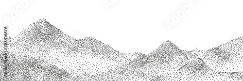 Grayscale vector halftone dots background with a fading dot effect, resembling a abstract mountain landscape. Black noise dots, a sand grain effect, and grunge banner for an abstract, textured pattern