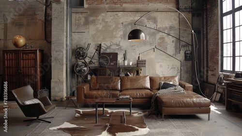 Stylish Industrial Home Decor with Leather Sectional Sofa AI Generated. photo