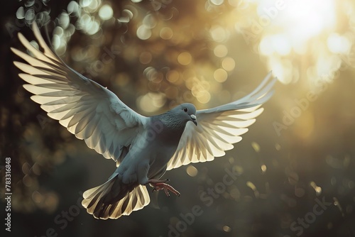 Graceful dove in flight against a serene backdrop, with sunlight streaming through the atmosphere.