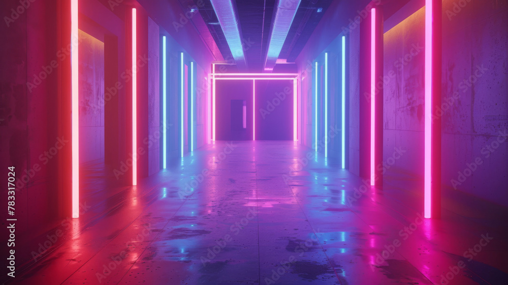 Modern, abstract and futuristic neon-lit corridor with vibrant colors, illuminated by high-tech neon lights, creating a sci-fi ambiance and reflecting a cyber design in an urban setting Modern, abstract and futuristic neon-lit corridor with vibrant colors, illuminated by high-tech neon lights, creating a sci-fi ambiance and reflecting a cyber design in an urban setting