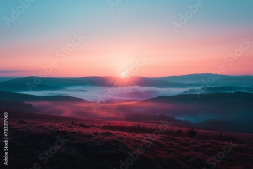 Breathtaking sunrise over misty hills with a vivid gradient of pink and blue hues, casting a serene glow on the undulating landscape.