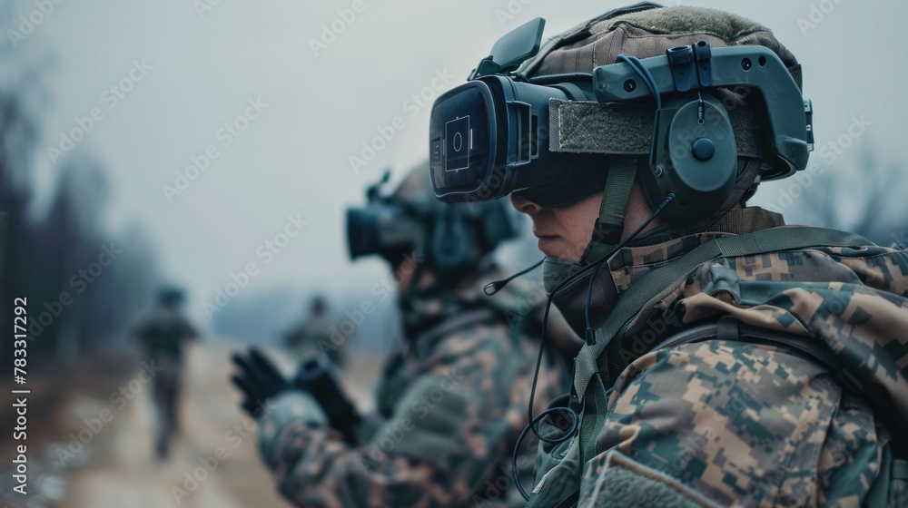 Modern technology in the army War officers use virtual reality glasses, vr controllers, and pilots for aerial reconnaissance, surveillance and attack.