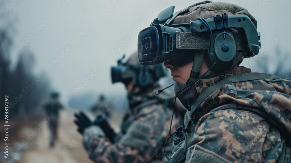Modern technology in the army War officers use virtual reality glasses, vr controllers, and pilots for aerial reconnaissance, surveillance and attack. Modern technology in the army War officers use virtual reality glasses, vr controllers, and pilots for aerial reconnaissance, surveillance and attack.