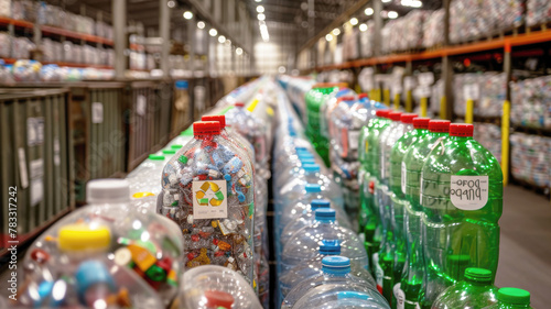 Plastic waste recycling plant  plastic reuse. Rows of plastic bottles line up on a conveyor belt for recycling.