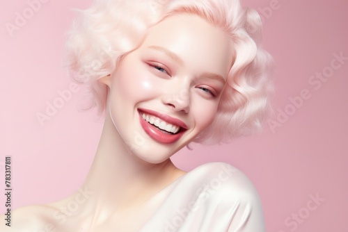 Albino woman face portrait, pink studio background. Exclusive fashion model with white albino skin and hair