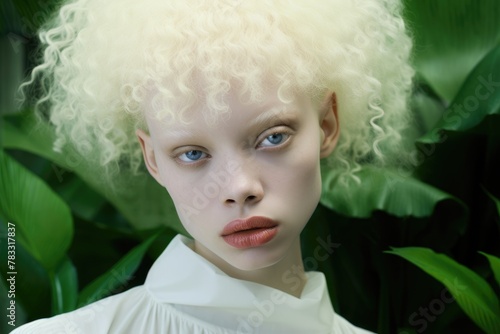 Albino skin beauty model face portrait closeup. Modern fashion Albino woman with expresive eyes look at camera. Exclusive fashion model with white albino skin and hair. Human Albinism  photo