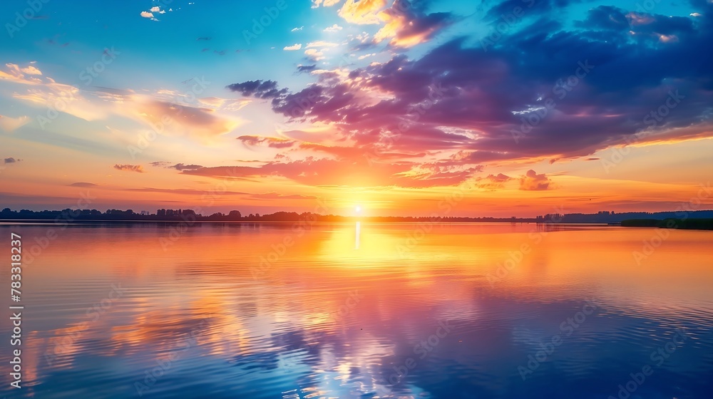  vibrant sunset over a serene lake, with colorful reflections shimmering on the water