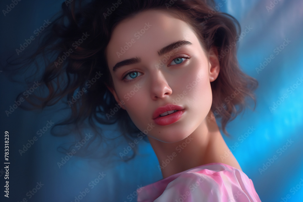 Beautiful woman with hairstyle over blue pink background. Fashion model Beautiful woman with hairstyle over blue pink background. Fashion model