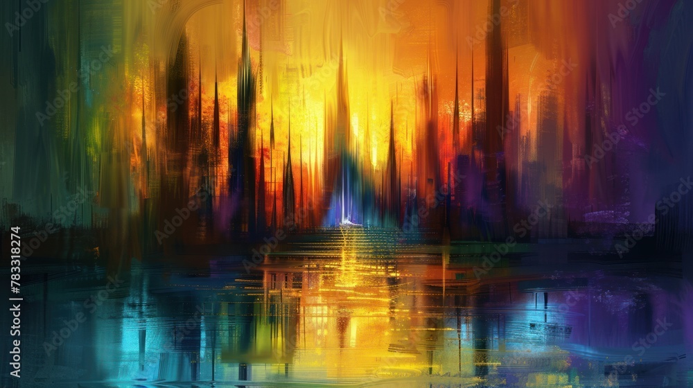 Naklejka premium Abstract picture with bright colors. It depicts a cityscape with a river in the foreground. The sky is a mixture of yellow, orange and pink, and the buildings are vertical lines of different colors.