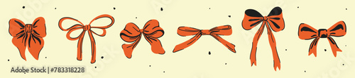 Ribbon bow set. Cute hand drawing elements. Coquette aesthetic bows collection in vintage style. Cartoon drawn colorful vector illustration isolated on pastel background 