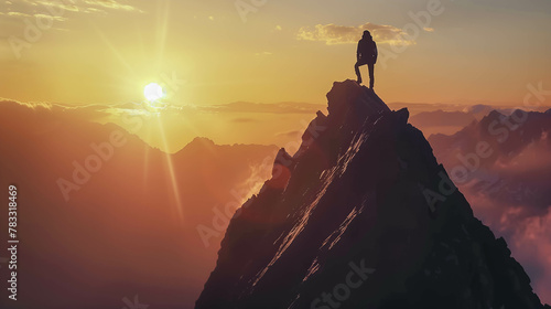 Silhouette of a lonely traveler standing on a mountain peak  admiring the sunrise or sunset