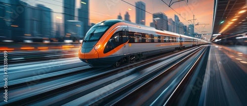 A highspeed rail slicing through the heart of a bustling metropolis, its passengers oblivious to the covert mission unfolding within , deep gradient background photo