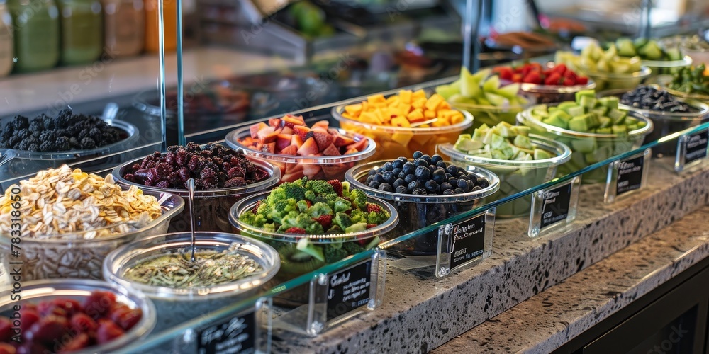A fruit display with many different types of fruit in clear bowls. The bowls are arranged in a way that makes it easy for customers to see and choose their favorite fruits