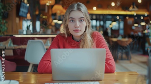 Young woman with blond hair and a red sweater sitting at a table with a laptop in a cafe, looking into the camera with a serious facial expression