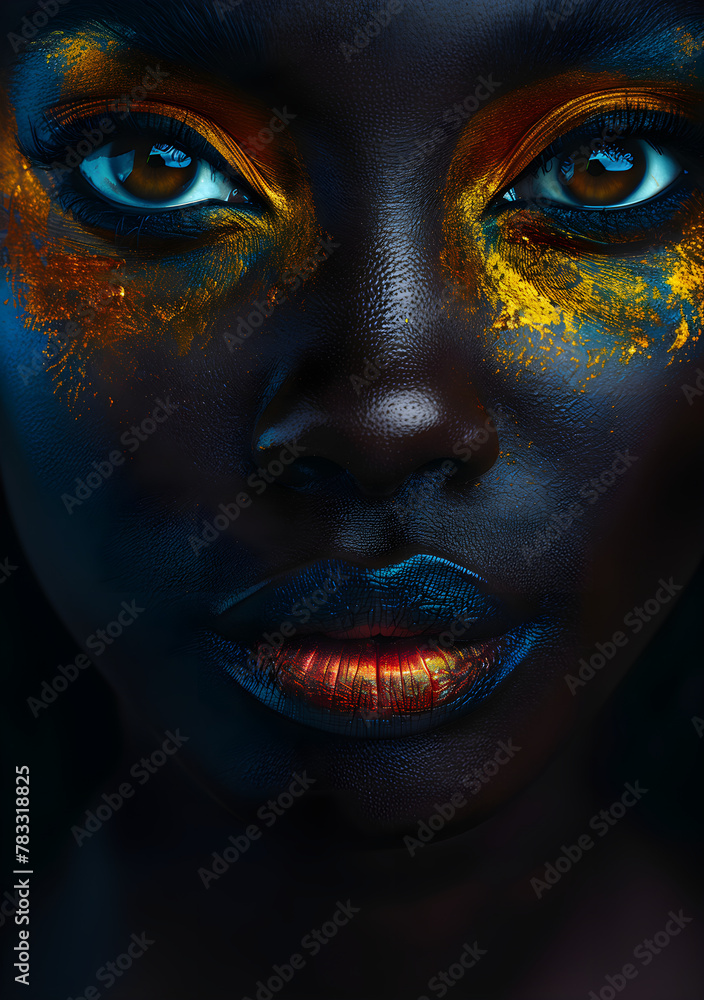 Close-up portrait of a beautiful dark-skinned African model with golden-toned makeup Close-up portrait of a beautiful dark-skinned African model with golden-toned makeup