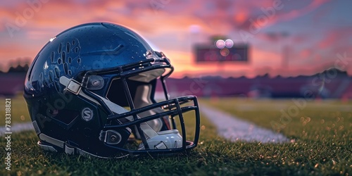A football helmet is on a field with a sunset in the background. The helmet is blue and has a black visor