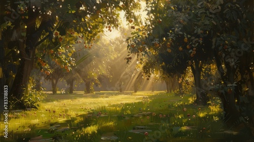 Orchard with trees and flowers. Sunlight filters through the foliage, illuminating the area. The trees are full of fruits and the grass is covered with flowers.