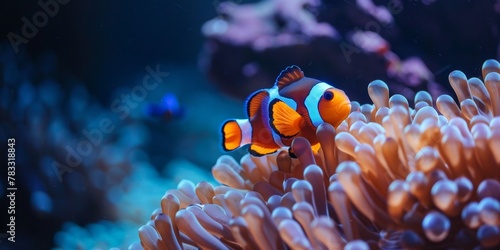 A small orange and white fish is swimming in a sea of pink coral. The fish is surrounded by the coral  which is a vibrant shade of pink. The scene is peaceful and serene