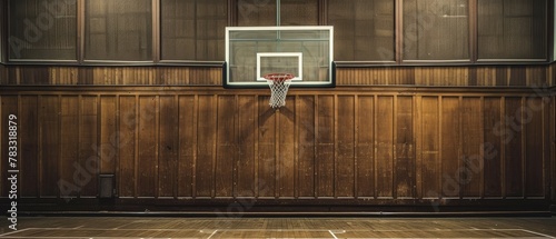 A basketball hoop is mounted on a wooden wall. The wall is empty and the hoop is the only object in the image