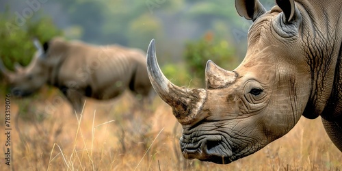 A rhino with a large horn is looking at the camera. The rhino is in a field with tall grass