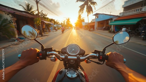 Traveler riding motorbike on Asian trip first person view AI generated