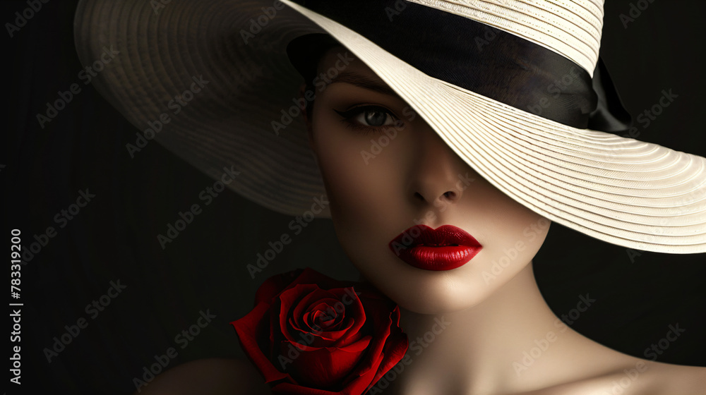 Mysterious portrait of a woman with a big hat and a red rose Mysterious portrait of a woman with a big hat and a red rose