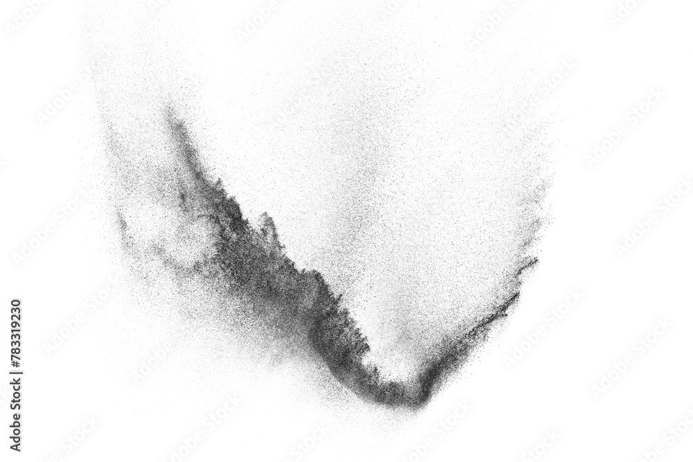 Black particles explosion isolated on white background. Abstract dust overlay texture.
Black particles explosion isolated on white background. Abstract dust overlay texture.
