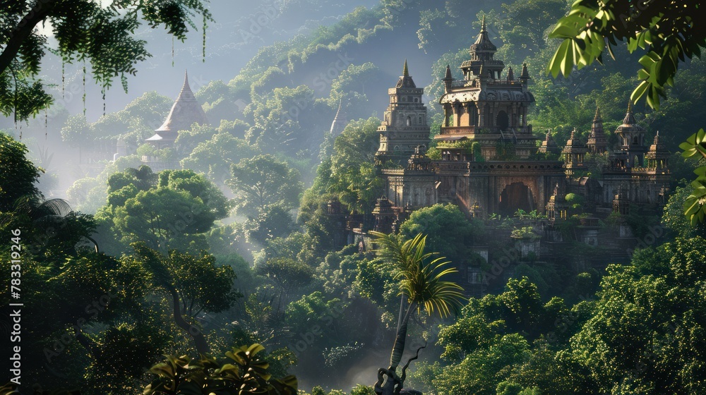 Dense forest with tall ancient buildings in the background, framed by greenery.