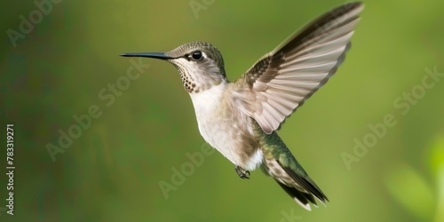 A hummingbird is flying in the air. The bird is small and brown. The sky is clear and bright