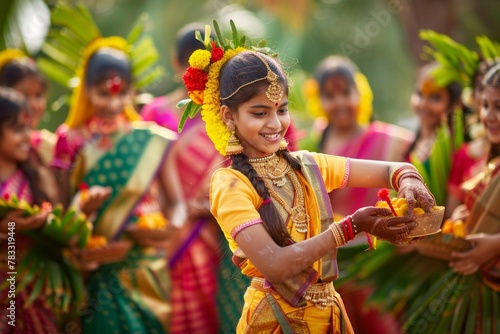Happy people celebrating Ugadi festival, New Year's Day according to the Hindu calendar and is celebrated by Telugus and Kannadigas photo