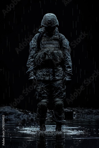 Amidst chaos and destruction, a solitary figure in uniform stands firm, embodying the essence of courage , deep black background