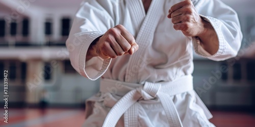A man in a white uniform is practicing martial arts. He is wearing a white belt and white pants photo