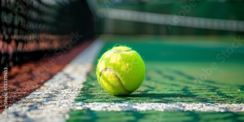 A tennis ball is sitting on a tennis court © kiimoshi
