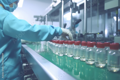 Medical vials production line: people with sanitary gloves and personal protective equipment checking pharmaceutical bottles in a sterile factory photo