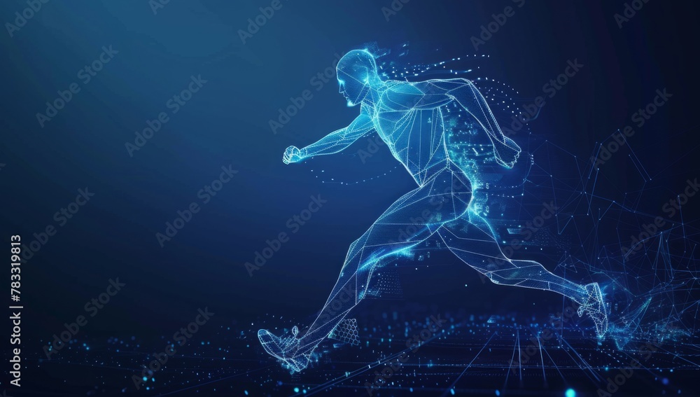 Blue glowing wireframe hologram of an athlete running on dark blue background, digital technology concept for sport training and competition or fitness health lifestyle Generative AI Blue glowing wireframe hologram of an athlete running on dark blue background, digital technology concept for sport training and competition or fitness health lifestyle Generative AI