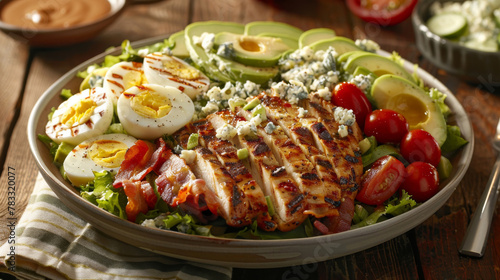 Classic american cobb salad with grilled chicken, bacon, eggs, and avocado, served on a plate