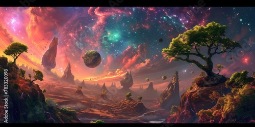 Vibrant floating islands with lush, colorful trees defy gravity in an otherworldly cosmic space, creating a scene from a fantastical dream. Resplendent. © Summit Art Creations