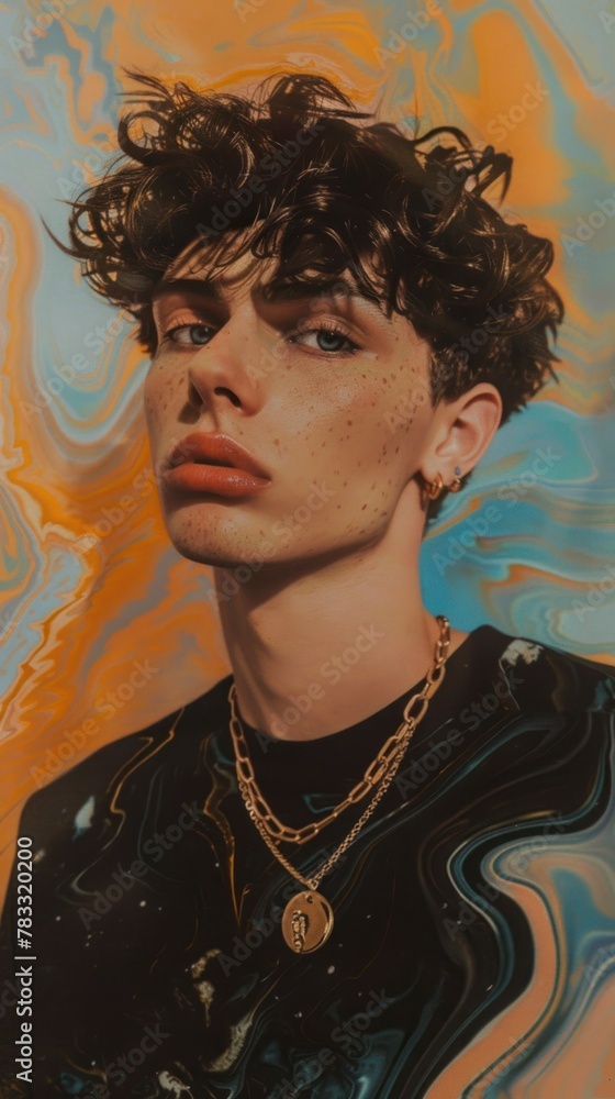 Portrait of a young man with dark curly hair and freckles. He wears gold chains and a black shirt. The background is a colorful marble pattern. Portrait of a young man with dark curly hair and freckles. He wears gold chains and a black shirt. The background is a colorful marble pattern.