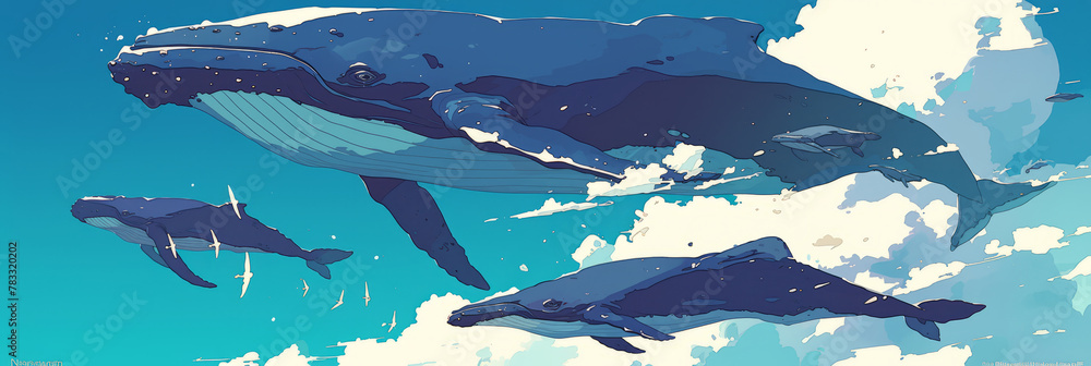 Obraz premium Illustration of a swimming whale in a clear clear blue sky among the clouds, banner