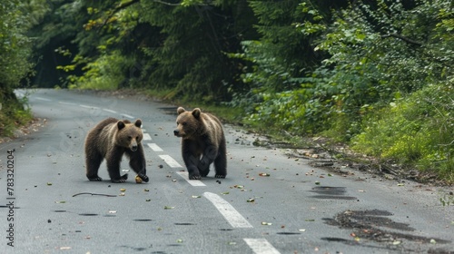 Two young bears came out of the woods to the parking lot in search of thrown out food.