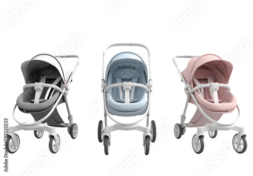 Three views of the stroller with a pink and gray color scheme on a pure white background photo