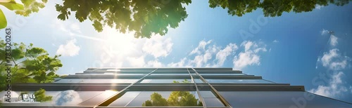 Sustainable green building. Eco-friendly building. Sustainable glass office building with tree for reducing carbon dioxide. Office with green environment. Corporate building reduce CO2. Buisnes. photo