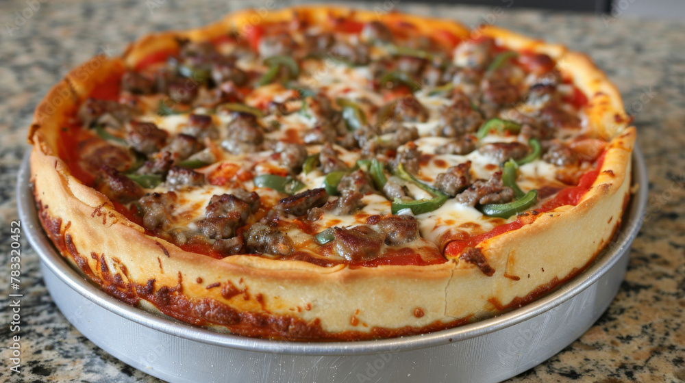 Delicious deep dish pizza with sausage, peppers, and fresh out of the oven Delicious deep dish pizza with sausage, peppers, and fresh out of the oven