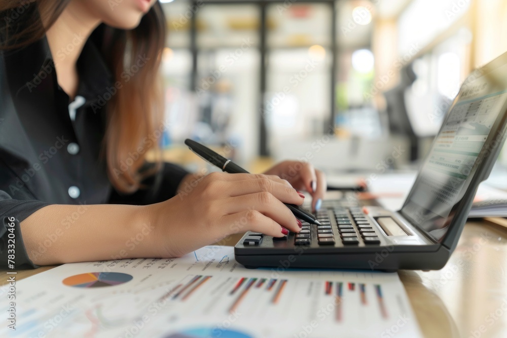 A female is seated at a desk using a cell phone and a calculator among office supplies and writing instruments accessories A female is seated at a desk using a cell phone and a calculator among office supplies and writing instruments accessories
