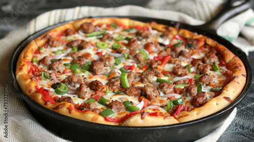 Fresh baked pizza with sausage, peppers, onions, and melted cheese