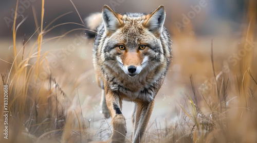 Coyote Advancing Through Autumn Grassland at Dusk