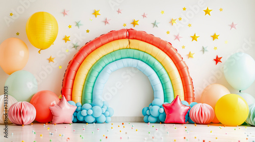 A colorful party setup with a large rainbow inflatable arch, balloons, stars, and confetti against a white background. photo