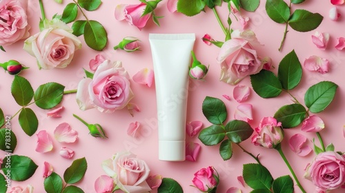 Unbranded white squeeze bottle cream tube and pink roses a lot. Bottle plastic tube for branding of medicine or cosmetics - cream, gel, skin care, toothpaste.